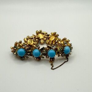 Vintage Austria Signed Turquoise Glass Cabochon Rhinestone Gold Tone Bracelet